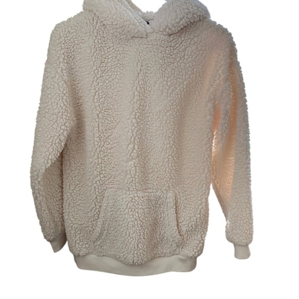 Forever 21‎ Womens Cream Sherpa Faux Fur Pullover Hoodie Sweatshirt Small